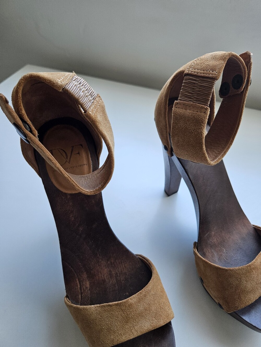 DVF Suede Caramel Wooden High Heel Ankle Strap Sandals - Picture 8 of 14